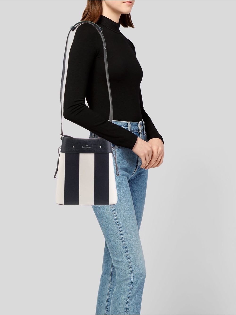 kate spade Black and White Striped Bucket Shoulder Bag